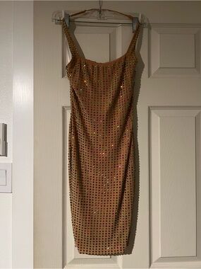 Fashion Nova Tan Studded Midi Bodycon Dress